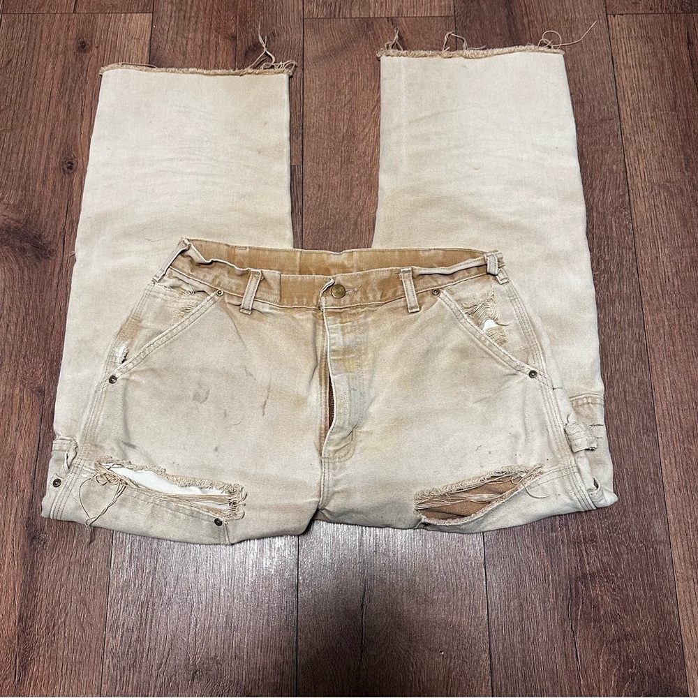 Vintage Distressed Carhartt Double Knee Loose Fit Carpenter Pants Beige 32x30